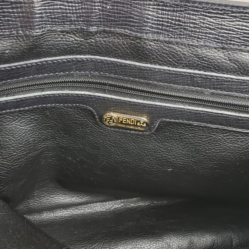 Authentic Vintage Fendi Black Leather Shoulder Bag Suede Flap Gold Medallion - Picture 12 of 14